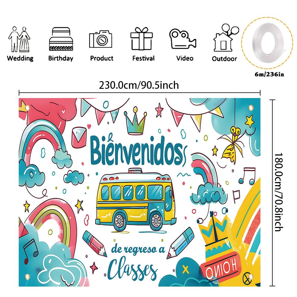 A Spanish banner welcoming students back to school with polyester fiber happily returning to the classroom background