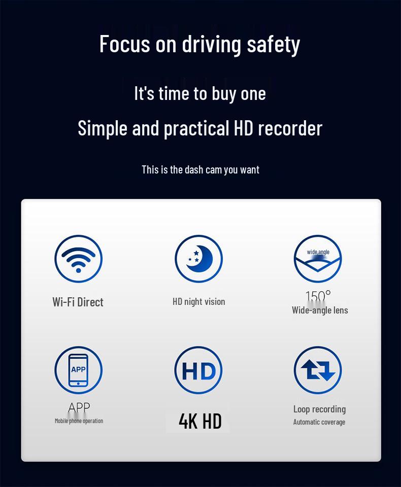 4K HD Night Vision Dash Cam with WiFi Mobile Interconnect & 3M Adhesive