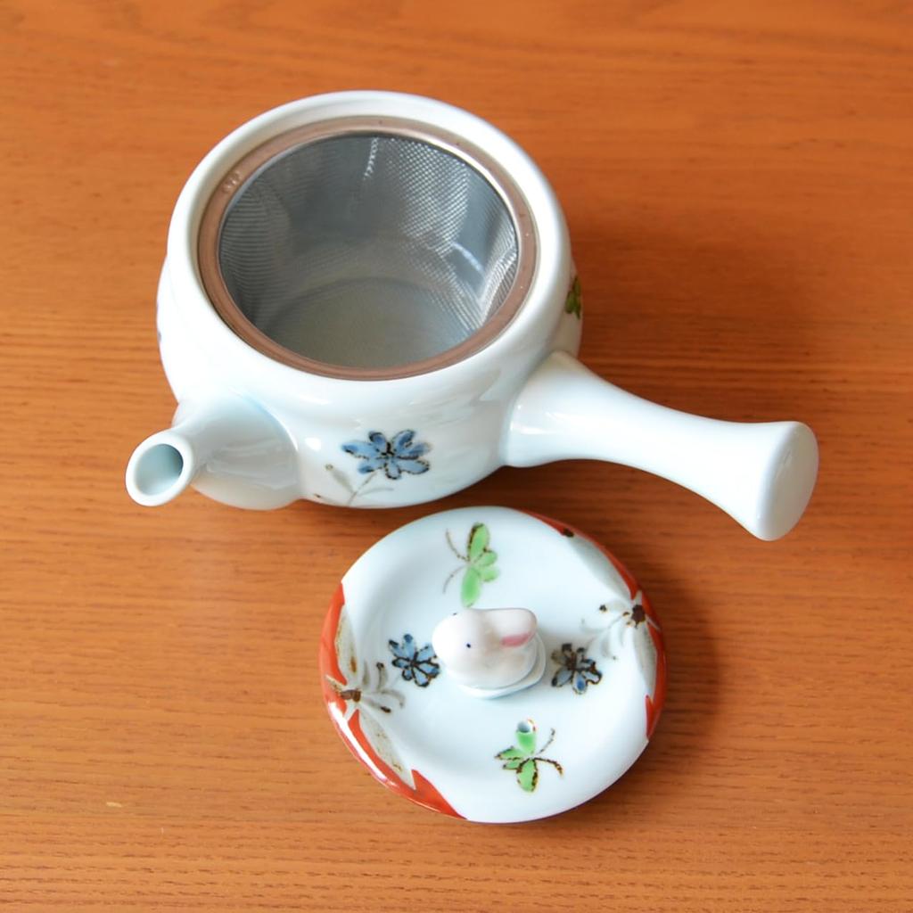 Cute ceramic made in featuring a colorful rabbit flower design and a stainless steel tea Arita-yaki teapot, 270ml, Japan, strainer.