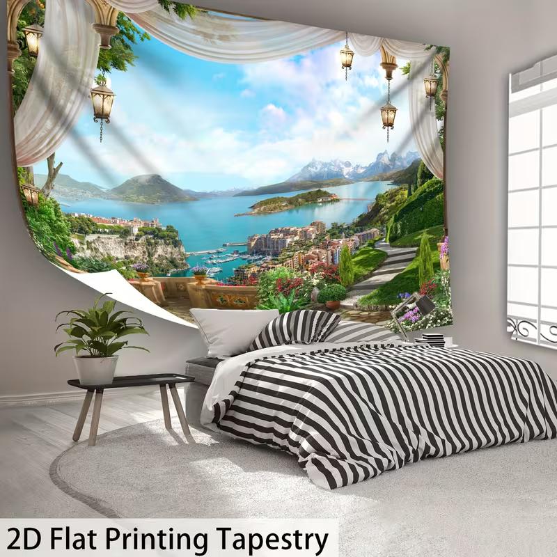 

2D Italian Riviera Tapestry Curtain Balcony View Wall Hanging 47.2x31.5inch/120*80cm