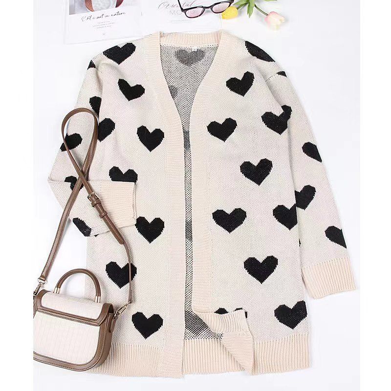 

Мода Новое поступление Кардиган с сердечками Трикотаж Свободное пальто Свитер Кардиган с сердечками Вязаный свитер Apricot L