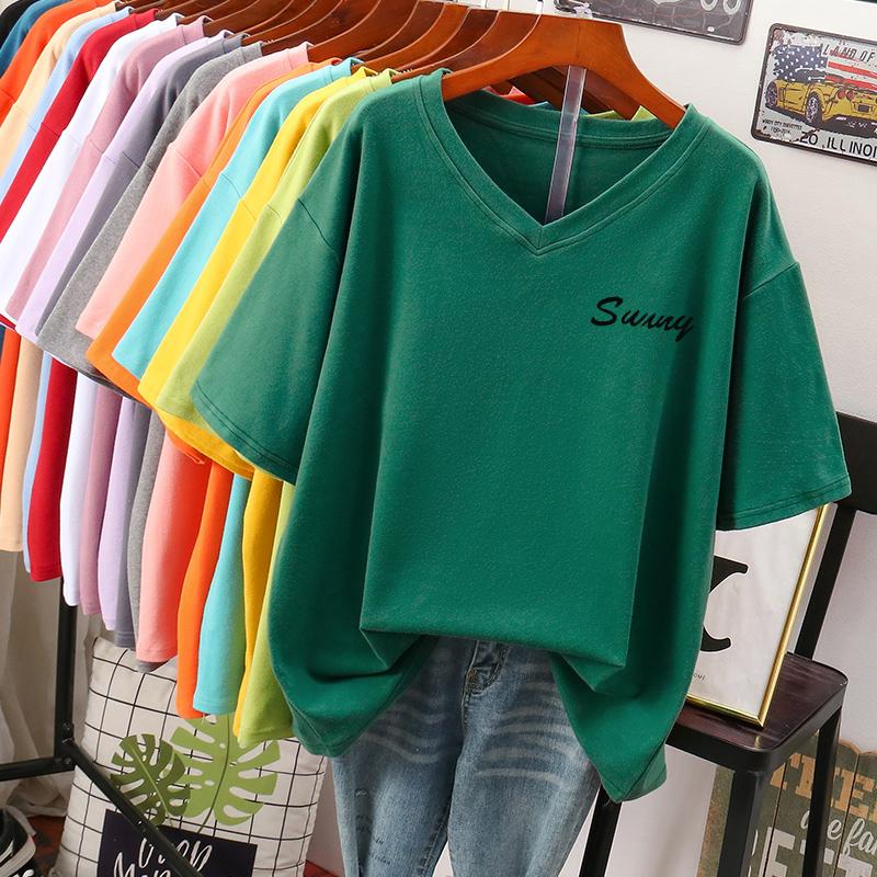 Short-sleeved T-shirt for Women Large Size Loose and Slimming Design Niche Pure Cotton V-neck Top That Covers The Belly