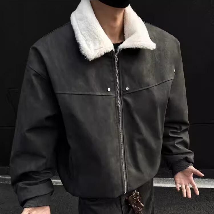 Men's Retro Tie-Dye Lamb Wool One-Piece Coat with Velvet Thickened, Turn-Down Collar, and Leather Accents