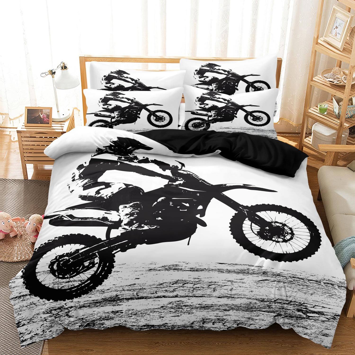 3 Delen Retro Crossmotor Rijder Print Dekbedovertrek Set, Zwart Motocross Off-Road Sport Silhouet Patroon Beddengoed 135x200cm(53x79inch)&set