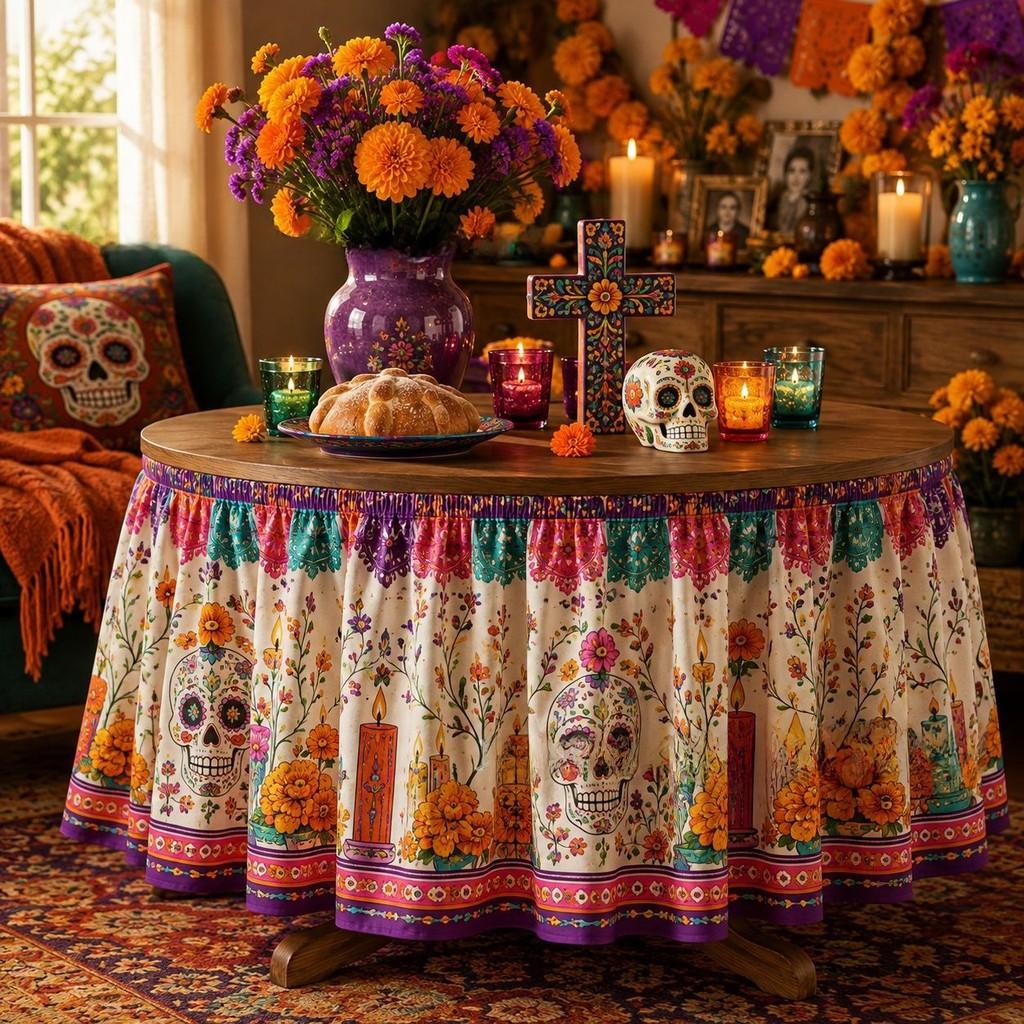 Dia De Los Muertos Table Skirt Mexican Skull Pattern Polyester Party Decor For Events