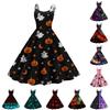 Women Halloween Printed Dress Sleeveless Off Shoulder Spaghetti Strap Casual A-Line Swing Dress Vintage Style Party Dress