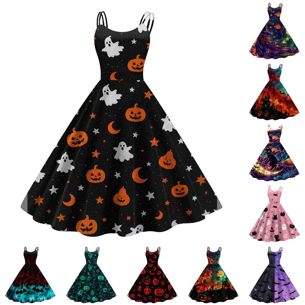 Women Halloween Printed Dress Sleeveless Off Shoulder Spaghetti Strap Casual A-Line Swing Dress Vintage Style Party Dress