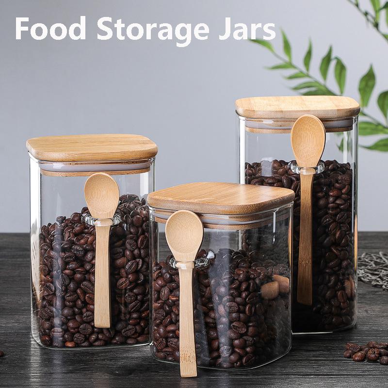 800/1000/1200ML Large Capacity Square Sealed Glass Jar with Spoon Seasoning Coffee Bean Storage Jar Home Sealed Storage Tanks
