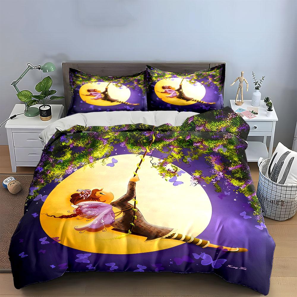 3Pcs Moon Fairy Bedding Set, Girl Swinging On Moon With Purple Butterflies Print Duvet Cover + 2 Pillowcases, Home Decor, Gifts