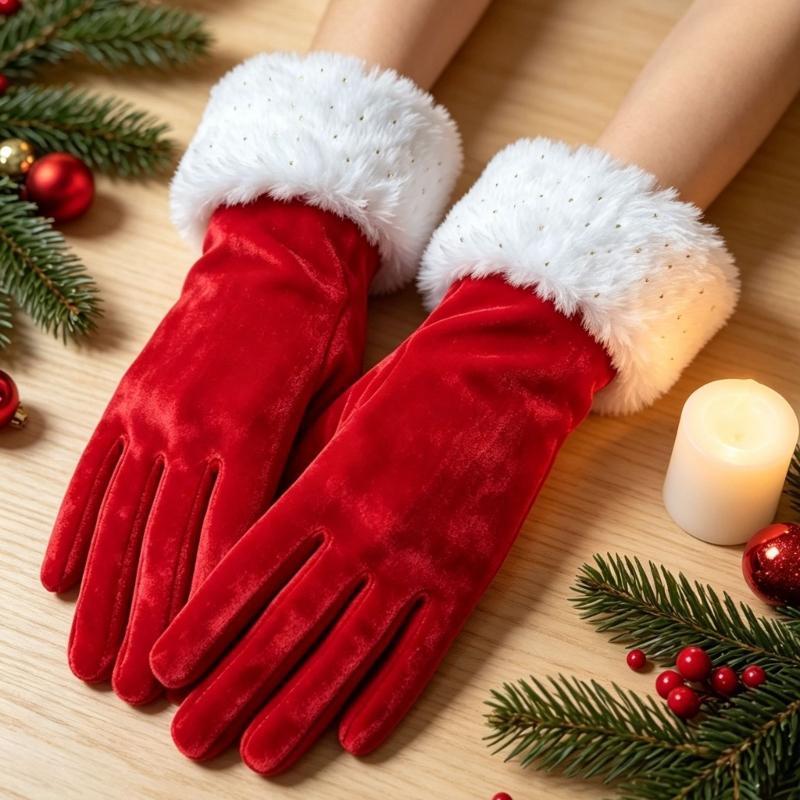 Christmas Costume Gloves for Adult, Red Gloves with Furry Plush Cuffs, Decorative Handwear for Holiday Festival Event Photography