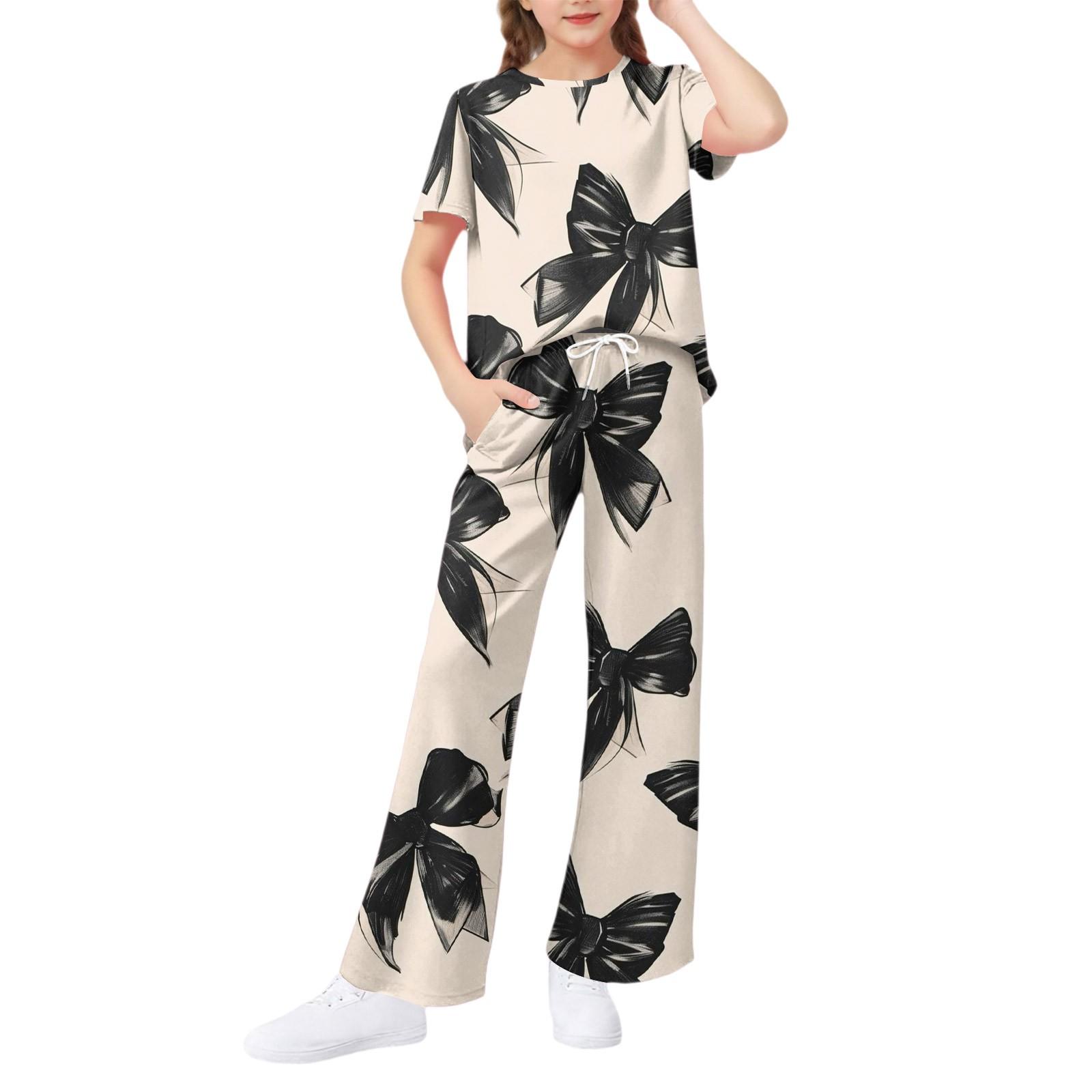 

Girls 2-Piece Set - Short Sleeve Tee & Wide Leg Pants 110 бежевий