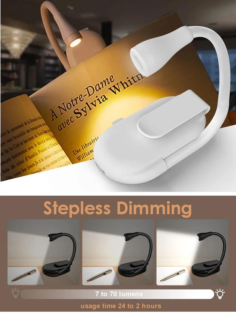 

Mini LED Book Light 360° Rotatable Rechargeable Clip-On Lamp with 3 Colors Eye Protection for Bedroom Reading Travel & Study белый