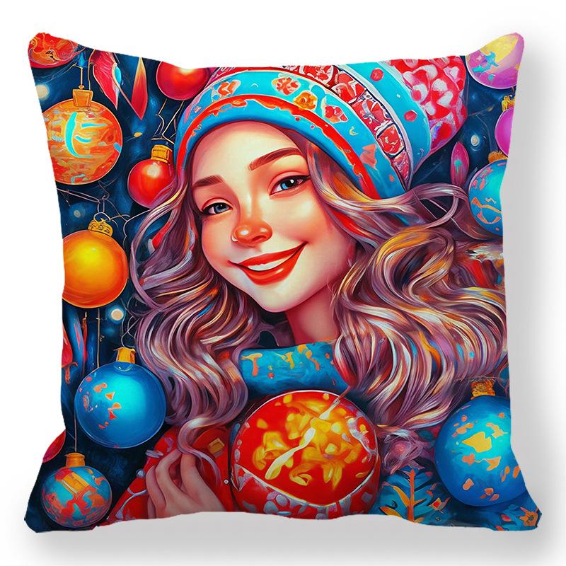 Christmas Cartoon Oil Painting Theme Digital Printing Short Plush Pillow Covers For Car Sofa Office Cushion Cover Home Goods