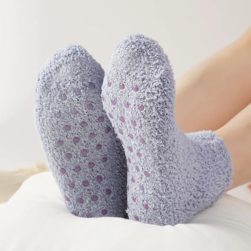 Autumn Winter Non-Slip Coral Floor Socks Women Thick Warm Thermal Home Carpet Sleep Slippers Socks Solid Color Casual Short Sock