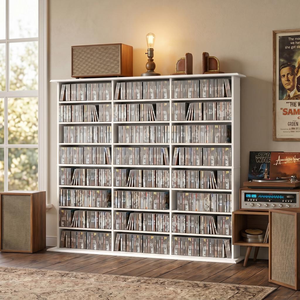 Multimedia Storage Shelf for 1032 CDs / 594 DVDs, 24 Compartments, 18 Adjustable Shelves, White