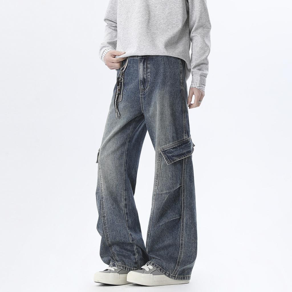 American Retro Men's and Women's Tooling Jeans Heavy Industry Washed Multi-pocket Straight Pants Design Pleated Wide-leg Pants