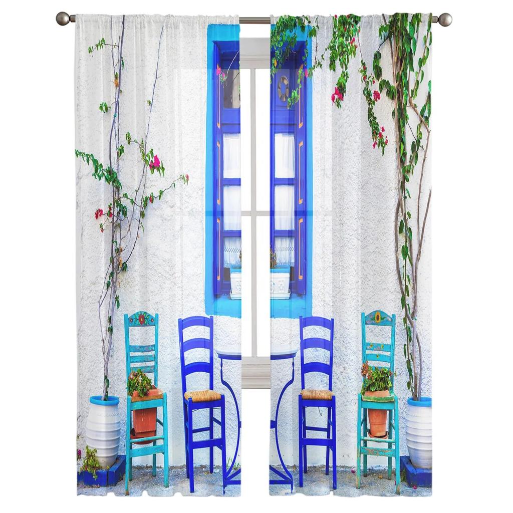 Street Bistro Windows Cadeiras Cortinas de tule Varanda Sala Moda Cortina transparente impressa Sala de estar Janela Decoração moderna