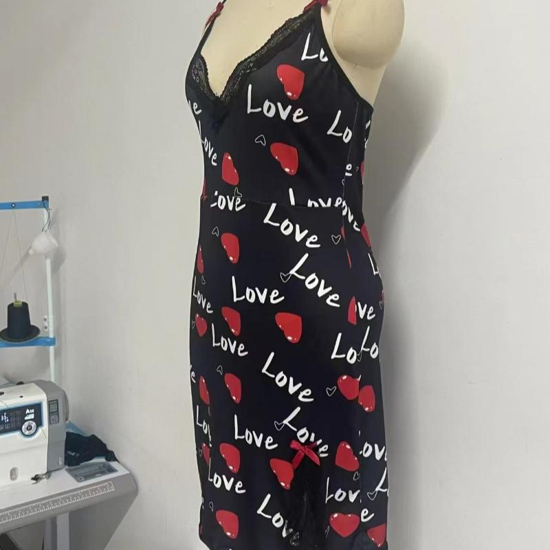 Damen Nachtwäsche Nachthemd Sexy Dessous Love Printed Neckholder Rückenfreies Minikleid Lässiger Pyjama Schlafhemden Nachthemden