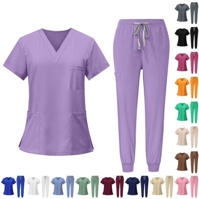 Women's Quick Drying Fabric Solid Color V-neck Pocket Short Sleeved Pants Set Workwear
