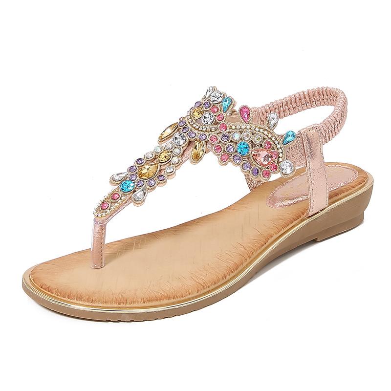 

Новые сандалии со стразами, сандалии на танкетке с открытым носком, сандалии со стразами в богемном стиле для женщин 45 розовый