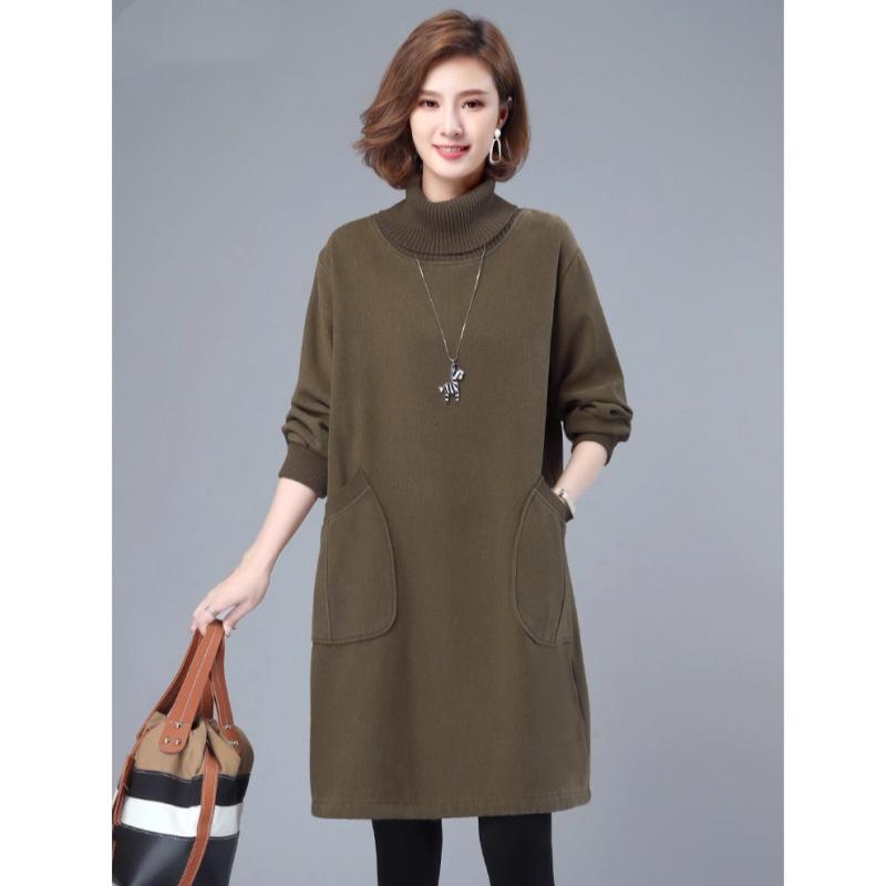 2025 Autumn/Winter High Neck Knit Sweatshirt with Long Sleeve & A-line Long Skirt Featuring Pocket Design