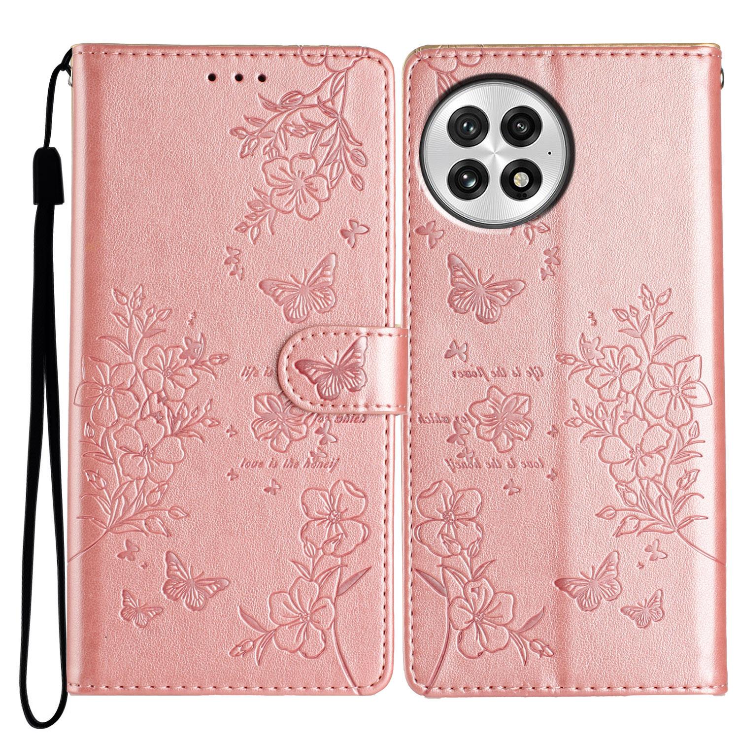 

Для OnePlus 13 Кошелек Чехол для телефона Кожаный чехол-книжка с ремешком с цветочным принтом бабочки Rose Gold