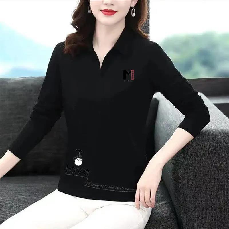

Lapel Bottoming Shirt, Long-sleeved T-shirt, Women s Fashion, Thin Spring and Autumn Plus Size Mother s Polo Shirt, All-match Top 4XL