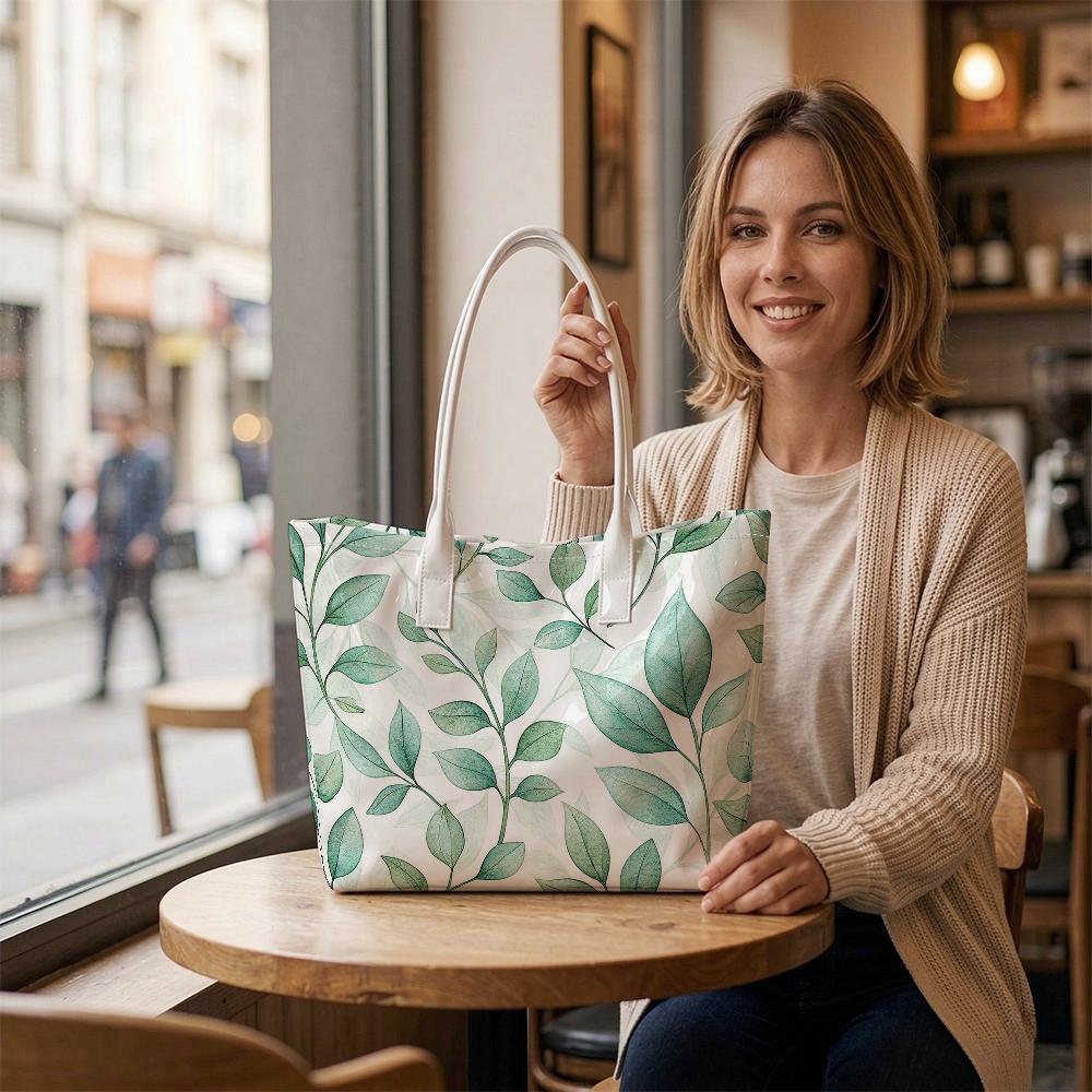 Elegant Green Leaf Print Tote Bag Casual Daily Shoulder Handbag for Women 