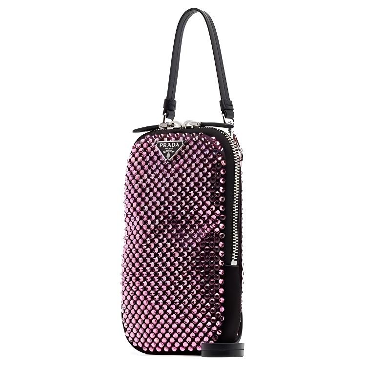 Prada Crystal Embellished Logo Zipper Closure Satin Handbag Unisex Handbags Pink 1DH030-2AWL-F0028