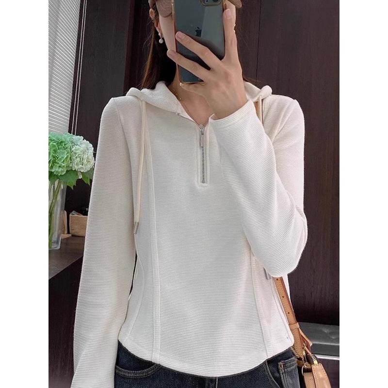 Women's Gray Hooded Sweatshirt, New 2025 Edition - Small Size, Spring Half-Zip Inner Wear, Short Base Top