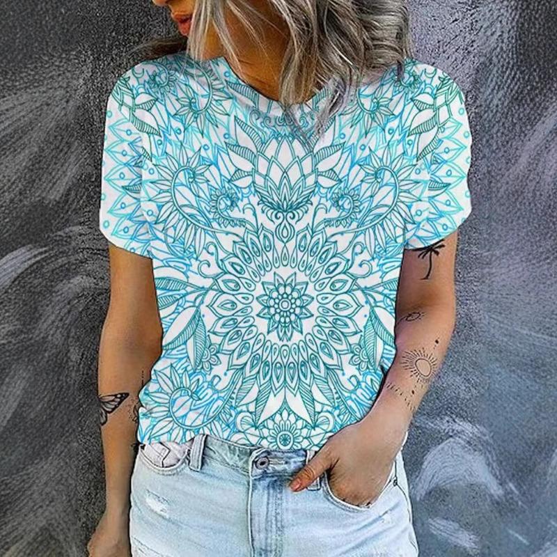 Sommar Dam Casual Lös Mode Digitaltryck Flerfärgad Rundhals Kortärmad Skjorta