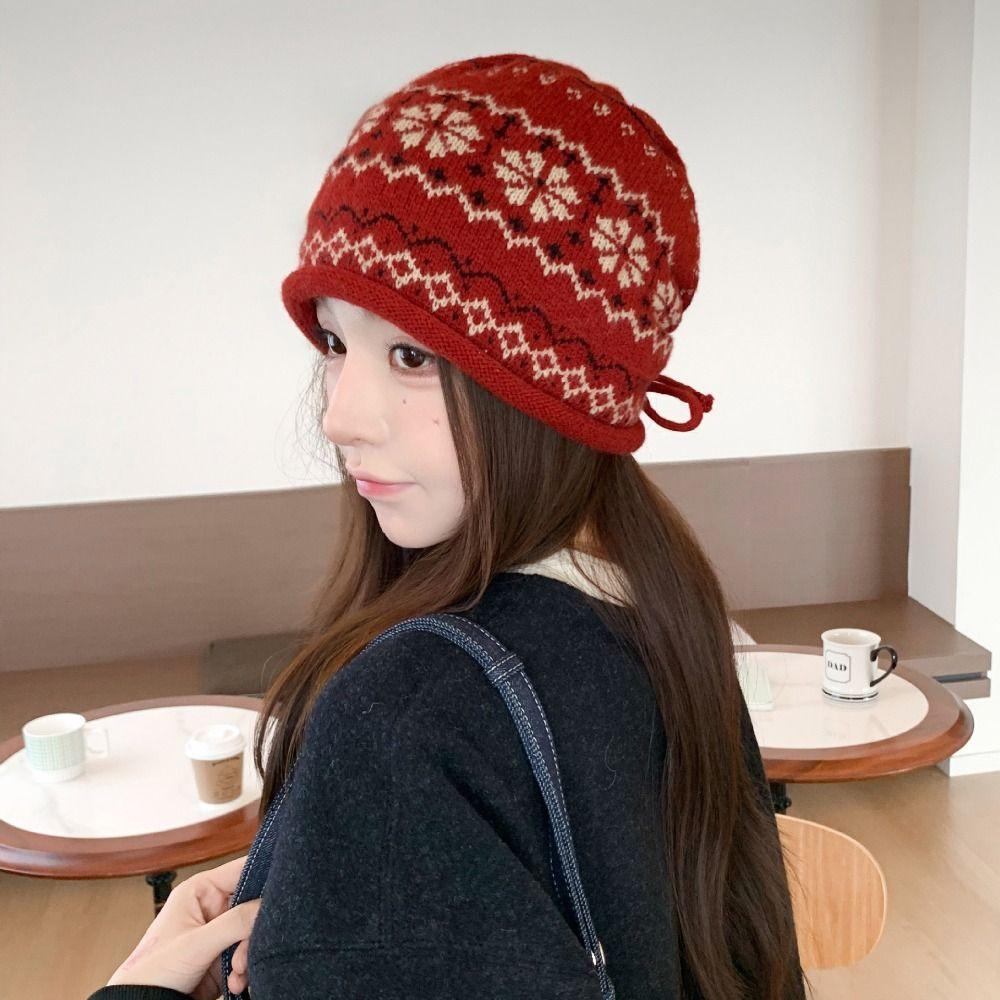 Drawstring Roll Brim Knit Beanie Fair Isle Pattern Beanie Retro Slouchy Hat Autumn Winter