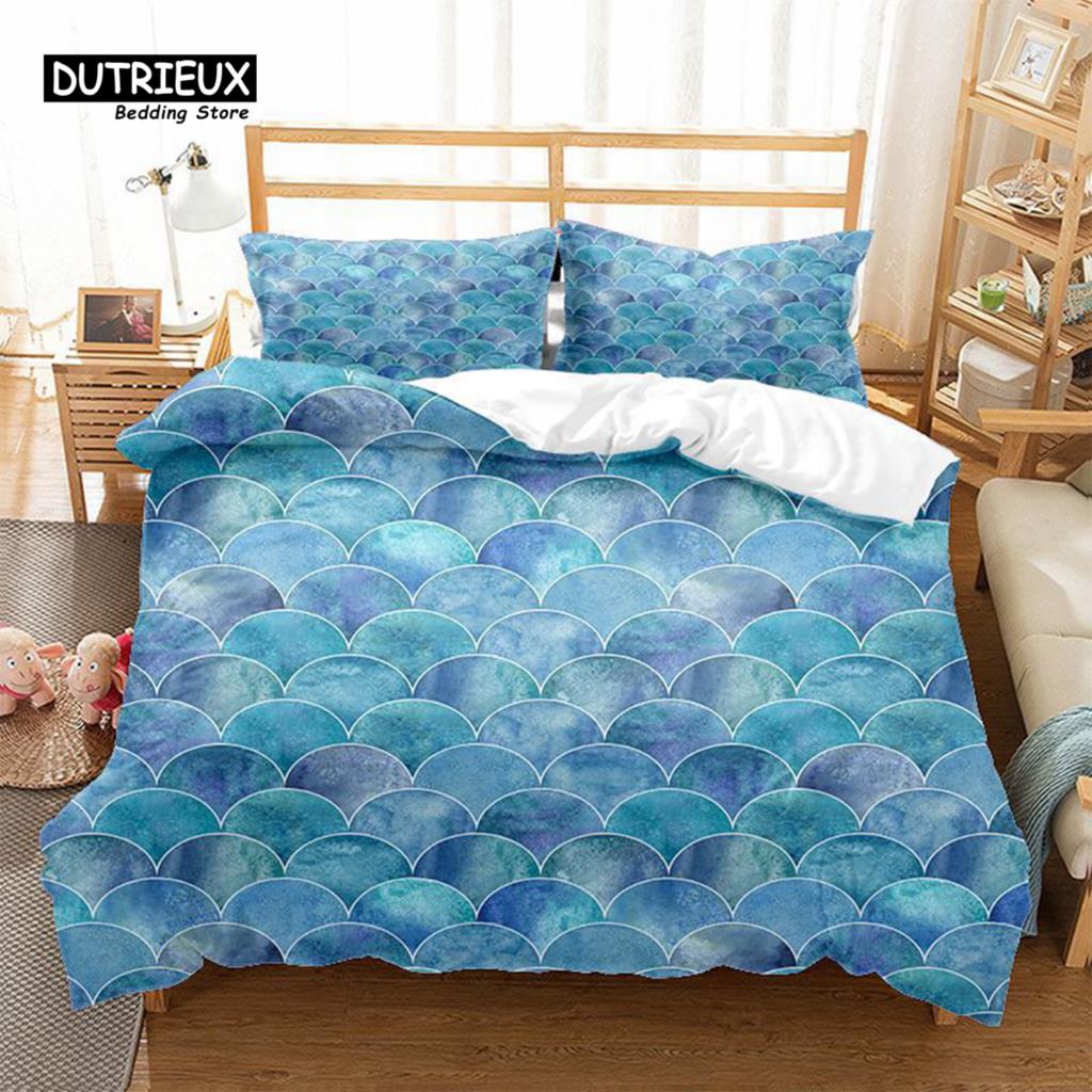 Mermaid Fish Scales Duvet Cover Magical Colorful Seamless Pattern With Fish Scale Net Print Bedding Set Microfiber Quilt Cover