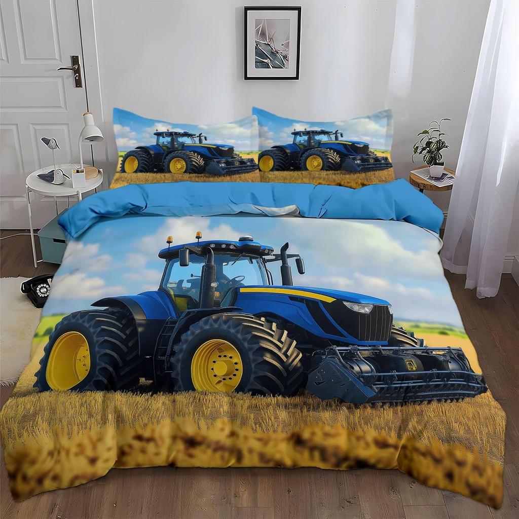 Kids Single Duvet Cover Set for Boys, Cartoon Car Tractor Excavator Bedding for Teenage Boy, Equipment Trucks Quilt Cover set