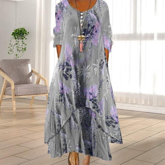 Spring Fall Dress with Pockets Vintage Flower Printing V Neck Irregular Layerd Hem Loose A-line Maxi Dress for Daily Work Party