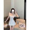 French Lace-up Square Neck Small Flying Sleeve Dress Women's Summer Gentle White Short Skirt, Thin Waist Skirt