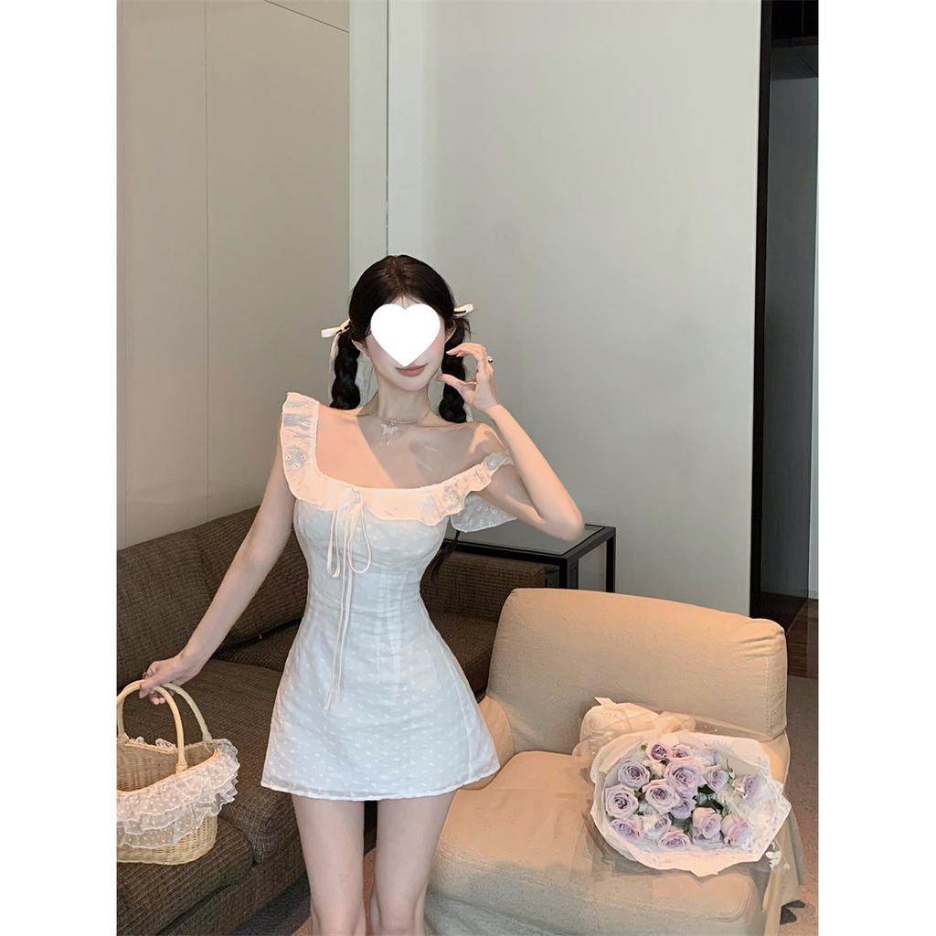 French Lace-up Square Neck Small Flying Sleeve Dress Women's Summer Gentle White Short Skirt, Thin Waist Skirt