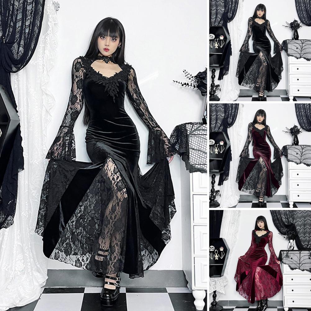 Women Cosplay Dress Dark Style Halloween Party Costume Lace Patchwork Flower Embroidery Fish Tail Hem Long Sleeves Tight Waist A