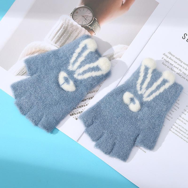 

Мультяшные перчатки без пальцев, перчатки-кролики с половиной пальца, женские утолщенные зимние теплые перчатки, половина секции, студенческие для письма One Size синий