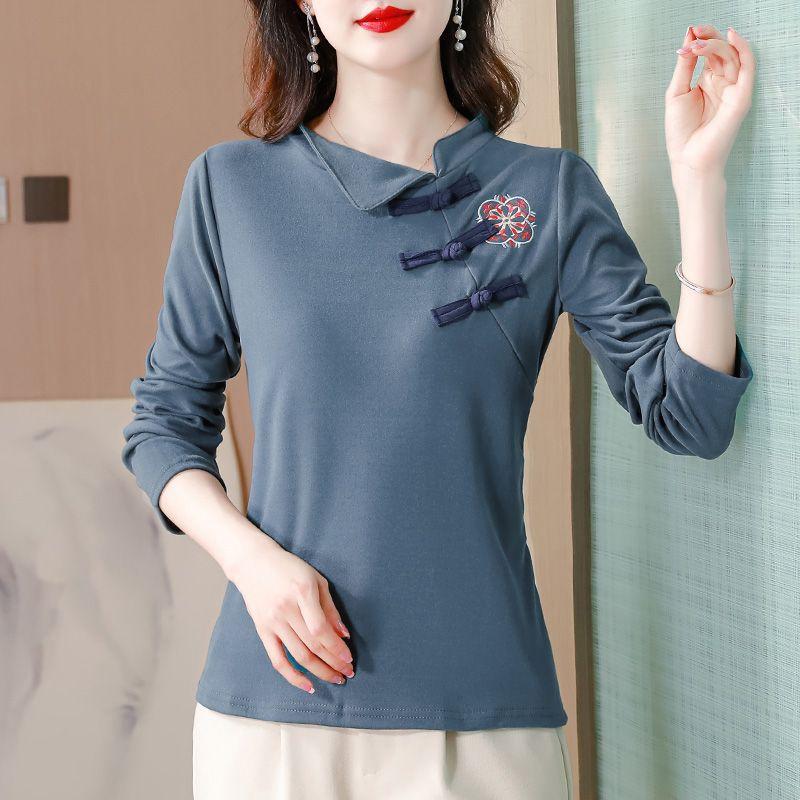 

Женская иностранная футболка, осеннее платье, китайский топ для мам, национальный стиль, майка с длинными рукавами, бархатная пряжка L синий