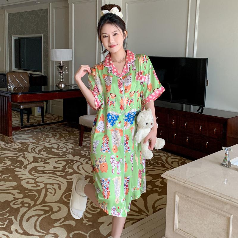 Zhao Ruth Same Cartoon Dog Ice Silk Pajamas Women'S Summer Short-Sleeved Sweet Wind Shirt Nightdress