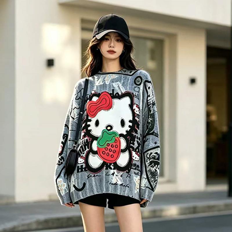 Retro Cartoon Print Loose Sweater - Women's Plus Size Autumn/Winter Knitwear