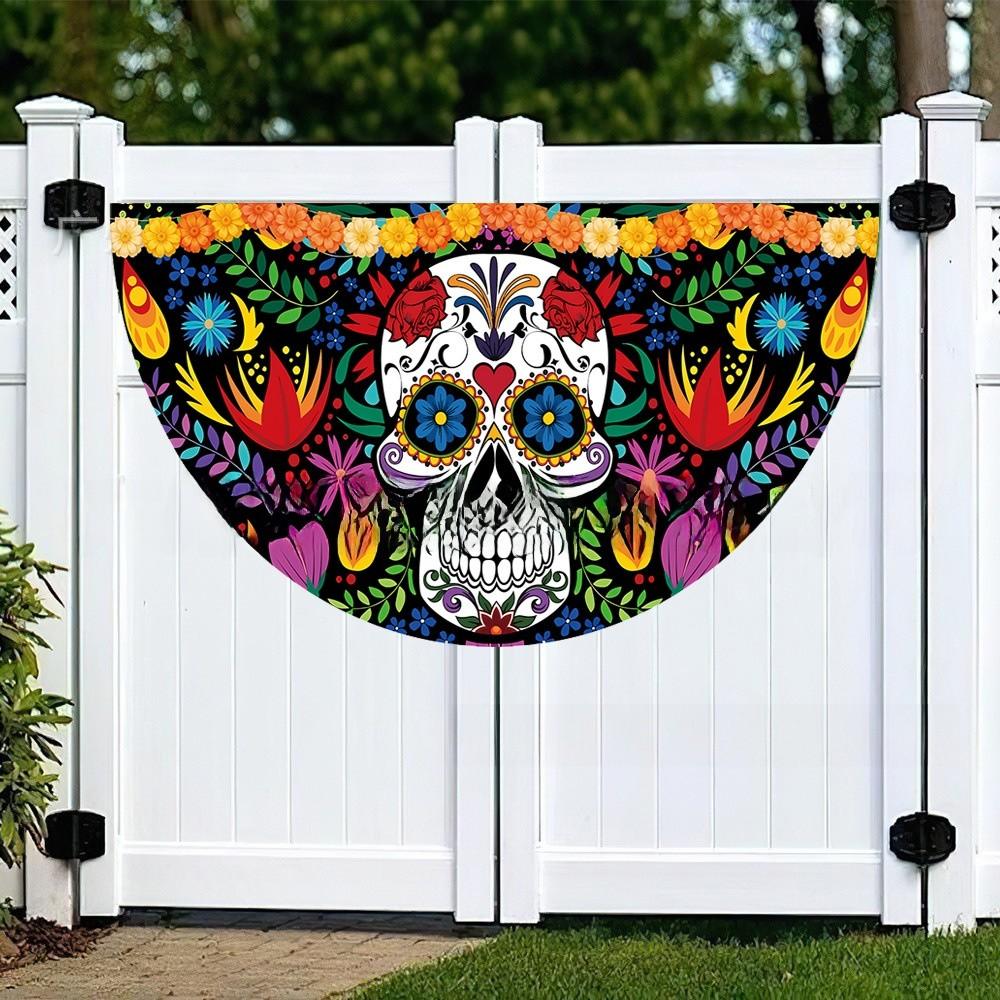 Watercolor Marigold Skeleton Day Of The Dead Fan Flag For Mexican Festival Party Decor