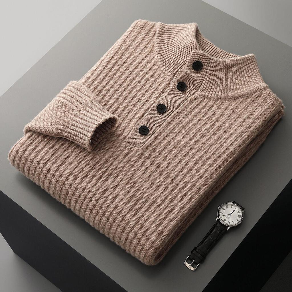 Men’s 100% Pure Wool Thick Warm Sweater, Half-High Button Collar, Autumn/Winter Knitwear for Middle-Aged Men.