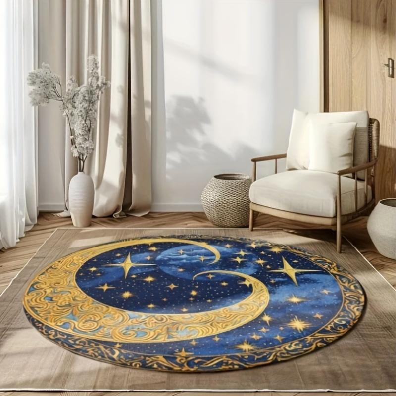 Starry Night Moon Round Rug Celestial Flannel Carpet for Bedroom Living Room Decor Dreamy Sky Pattern Floor Mat Soft Comfortable