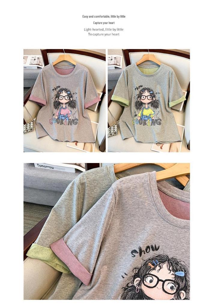 Plus Size Cartoon Print Round Neck T-shirt - Women’s Summer 2025 Fashion, Loose Fit, Short Sleeve, Versatile Style
