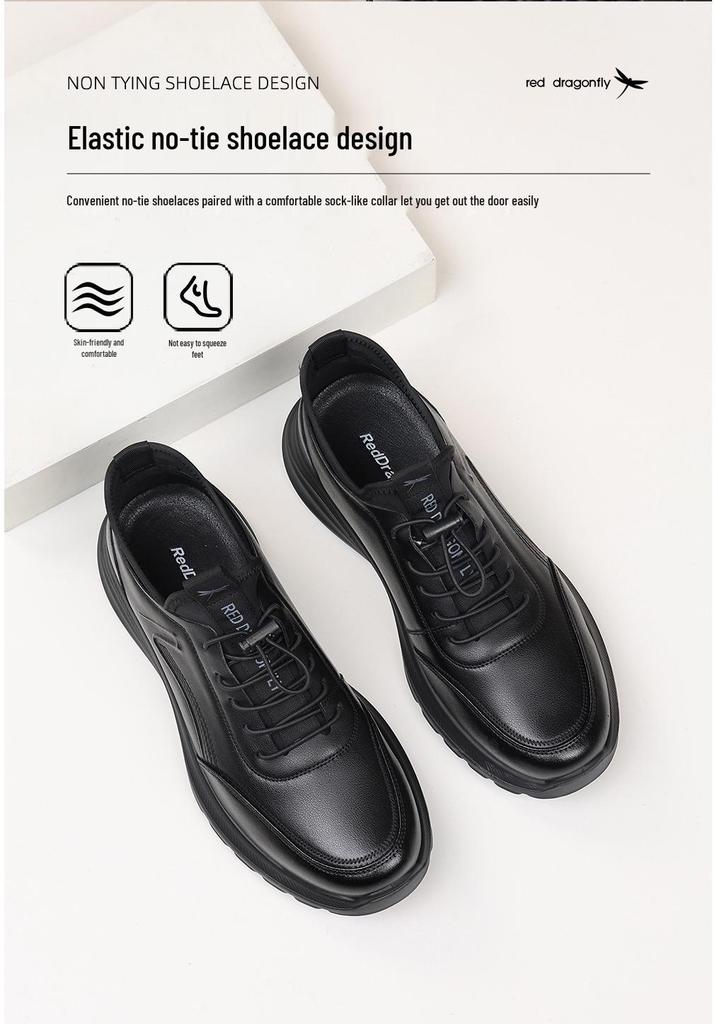 Red Dragonfly Men's Black Leather Waterproof Non-slip Lace-up Sports Shoes for Spring & Autumn - Comfortable and Stylish for Travel.