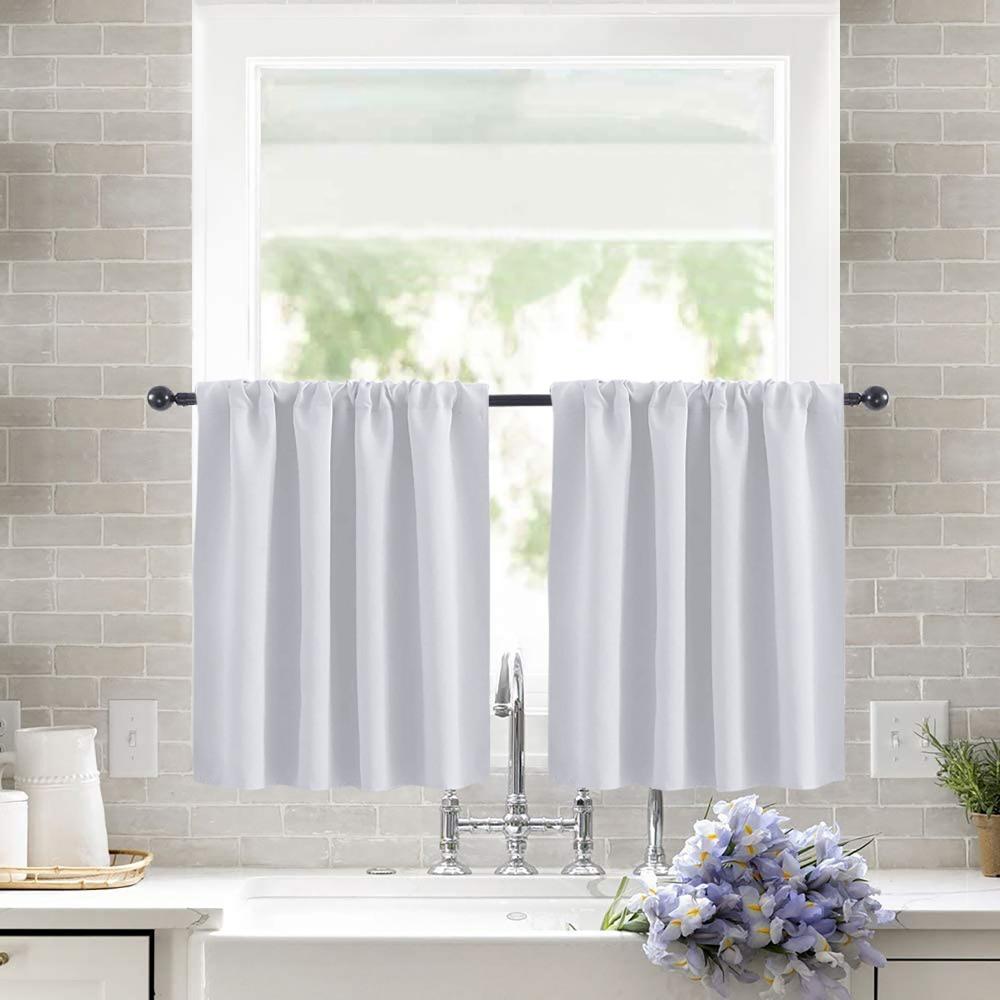 2PCS Solid Color Kitchen Short Curtain Through-rod Design Cabinet Curtain Living Room