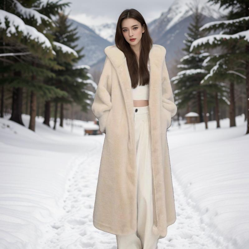 Autumn and Winter New Hooded Hairy Imitation Mink Fur Leopard Print Extended Loose Coat