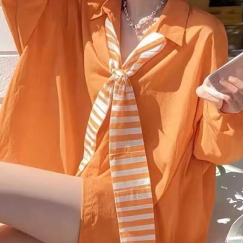 Women's Striped Large Tie Shirt Orange Turn Down Collar Long Sleeved Blouse Korean Style Summer New Version Loose Casual Female Top